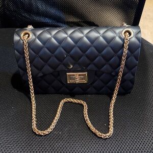 Quilted Navy Chain Shoulder Bag with Gold Hardware